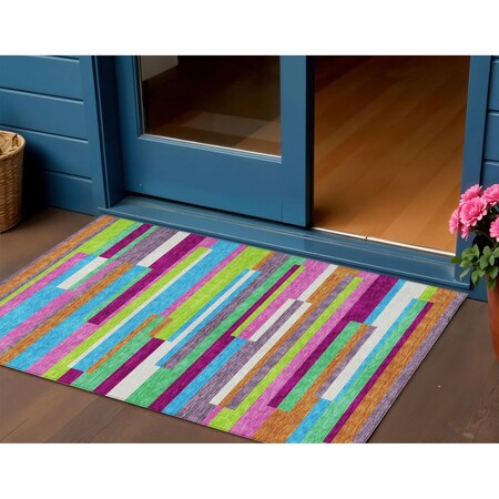 Homeroots 3' X 5' Lavender Orange And Lime Green Striped Washable Indoor Outdoor Area Rug 613290