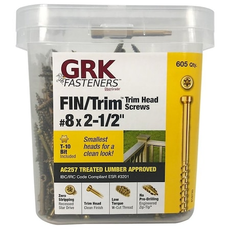 Grk Fasteners FIN/Trim Screw, No 8 Thread, 2-1/2 in L, Trim Head, Star Drive, Steel, 605 PAIL 16730