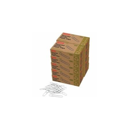 Acco Recycled Paper Clips, Jumbo, 1.6in L, 20 Sheet Capacity, for Paper, Reusable, Durable, 100PK 72525