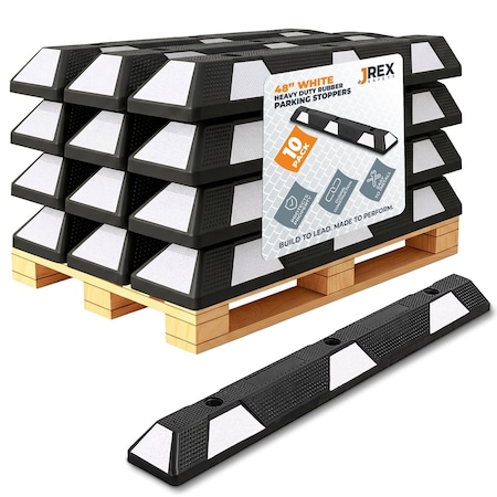 Jrex Safety 48 in Rubber Parking Block Curb Stop, White Reflective Strip, 10PK PBSW-JR-4-10PK