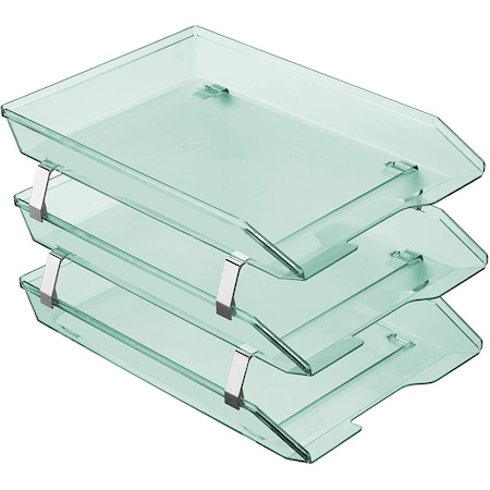 Acrimet Facility 3 Tier Letter Tray Front Load Size Desktop File Organizer Plastic Clear Green 265.5