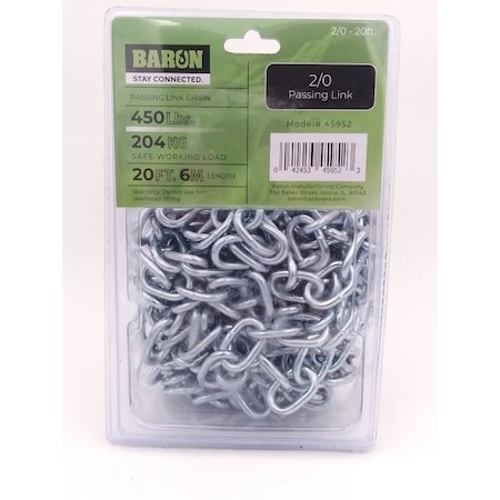 Baron Passing Link Chain, 2/0, 20 ft L, 450 lb Working Load, Low Carbon Steel, Electro Galvanized/Zinc Plated 45952