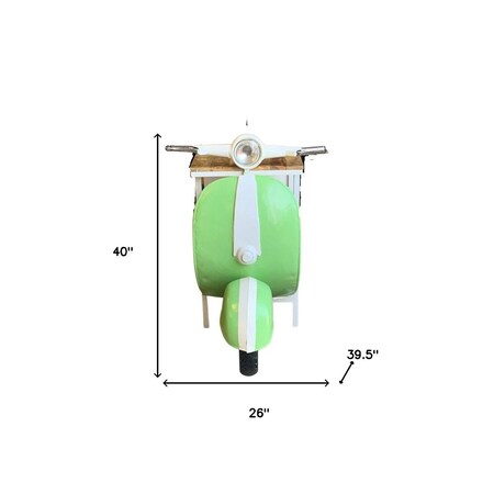 Homeroots 26in Green And White Novelty Scooter Open Cabinet with Two Shelves 402228