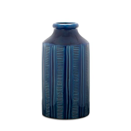Homeroots 11" Blue Ribbed Round Terracotta Table Vase 516242