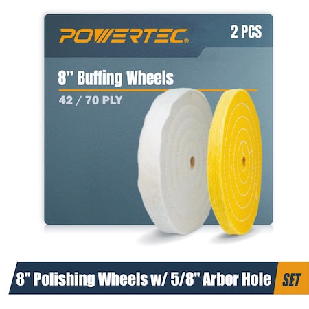 Powertec 8" Buffing Wheels, White Cotton (70 ply) and Yellow Cotton (42 ply), 5/8" Arbor Hole 71645