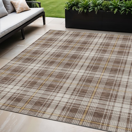 Homeroots 5' X 8' Brown Beige And Gold Plaid Washable Indoor Outdoor Area Rug 597094