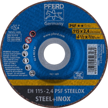 Pferd Cut-Off Wheel, Type 27, 4-1/2 in Dia, 3/32 in Thick, 7/8 in Arbor Hole Size, Aluminum Oxide 63718
