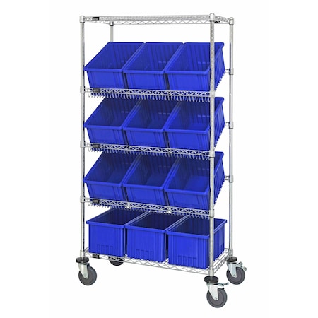 Quantum Storage Systems WIRE SHELVING UNIT W/12 BLUE BINS MOBILE MWRS-5-92080BL