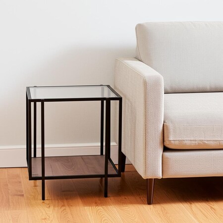 Homeroots 22" Clear Black and Gray Tempered Glass Wood and Metal Square Frame End Table With Shelf 544235