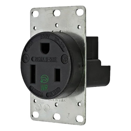 Hubbell Wiring Device-Kellems Straight Blade Receptacle, 6-50R, 50 A, 250V AC, 2 Pole, 3 Wire, Flush Mount, Grounded HBL9367