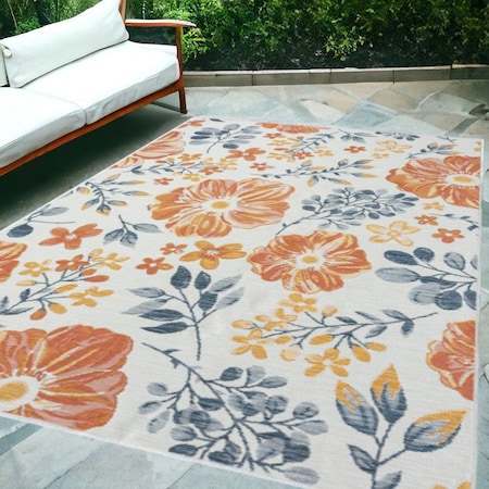 Homeroots 5' X 7' Ivory Orange and Blue Floral Stain Resistant Indoor Outdoor Area Rug 548900