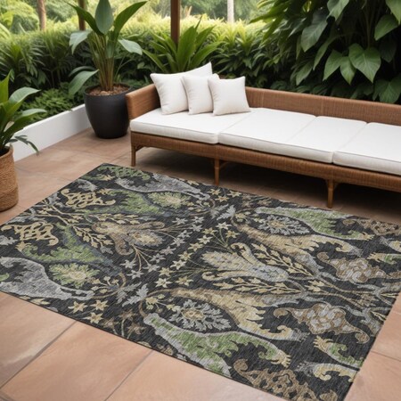 Homeroots 8' X 10' Black Green And Brown Floral Washable Indoor Outdoor Area Rug 605274