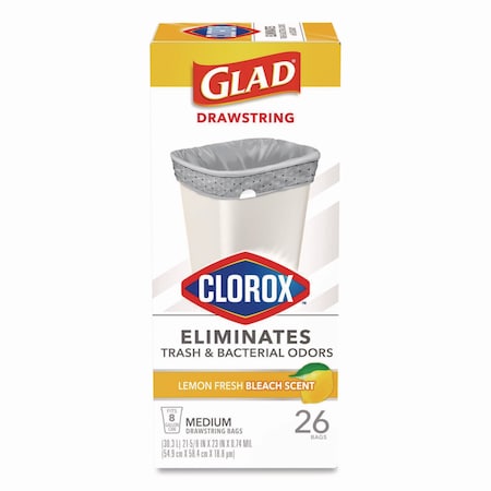 Glad Medium Drawstring Trash Bags w/Clorox, 8gal, Lemon Bleach Scent, 0.74 mil, 23inx21.63in, Gray, 26PK 79316