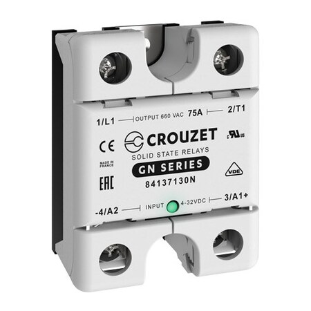 Crouzet SSR, GN, Single Phase, Panel Mount, 75A, IN 4-32 VDC, OUT 660 VAC, Zero Cross, 2PK 84137130N