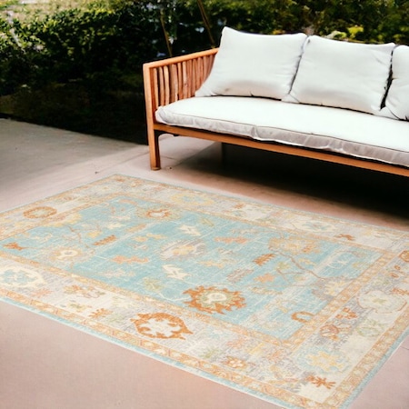 Homeroots 9' X 12' Blue and Orange Floral Stain Resistant Indoor Outdoor Area Rug 531499