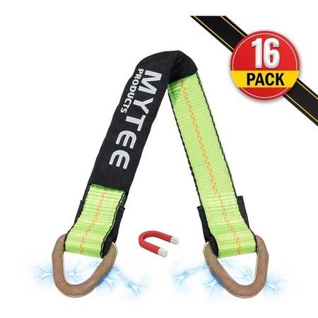 Mytee Products 16PK 2inx24in Green Tie Down Axle Straps w/Magnetic D-Ring & 12inProtective Sleeve, 16PK AS24Mx16