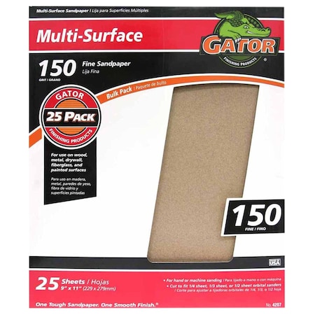 Gator Finishing 9 x 11 in. Multi-Surface Sandpaper, 150 Grit, Fine, 25PK 4207