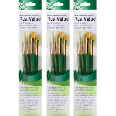 Princeton RealValue Brush Set, Gold Taklon Bristles, Short Handle Mixed Media Paintbrush, 4-Piece Set, 3PK PR9116