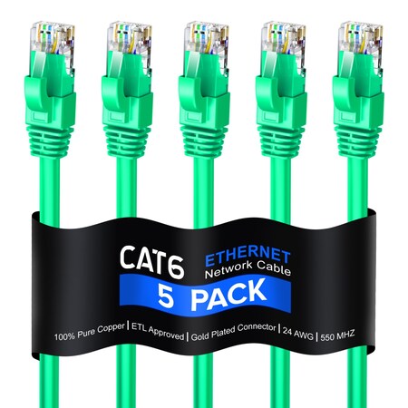 Maximm 20ft Cat6 Pure Copper UTP Ethernet Cable, 5PK, Green, 5PK CAT6675