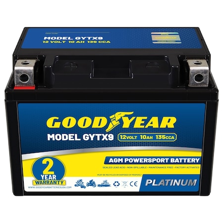 Goodyear GYTX9 - 12 Volt 10 AH, 135 CCA, Rechargeable High-Performance, SLA - AGM Battery GY4140759