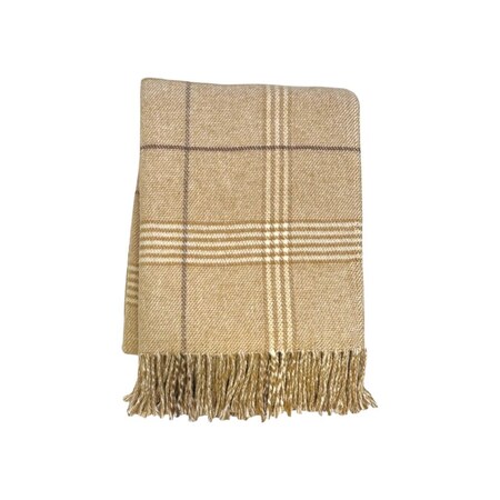 Homeroots 50" X 67" Stone And White Cotton Blend Woven Plaid Throw Blanket with Fringe 633073