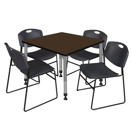 Regency Square Kee Adjustable Classroom Table W/ 4 Zeng Stack Chairs, 42 in W, 30 in L, Neo Walnut TB4242NWAPGY44BK
