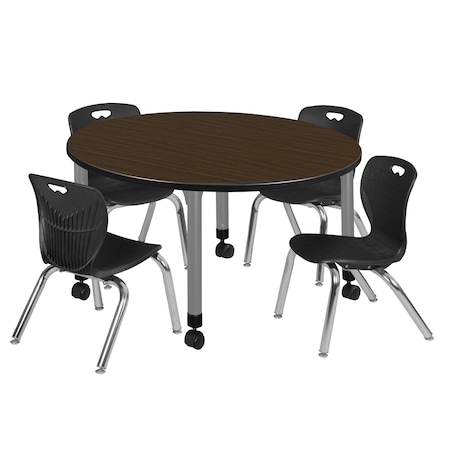 Regency Round Kee Mobile Adjustable Classroom Table W/ 4 Andy Chairs, 48 in W, 48 in L, Neo Walnut TB48RNDNWAPCGY45BK