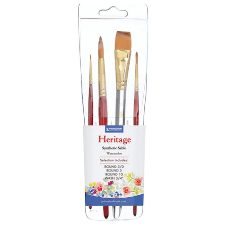 Princeton Heritage Brush Set, Synthetic Bristles, Short Handle Watercolor Paintbrush, Scarlet, 4-Piece Set P4050SET200