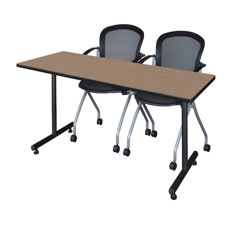 Regency Kobe T-Base Training Seminar Table W/ 2 Cadence Stack Chairs, 66 in W, 24 in L, Noble Oak MKTRCT6624NO23BK