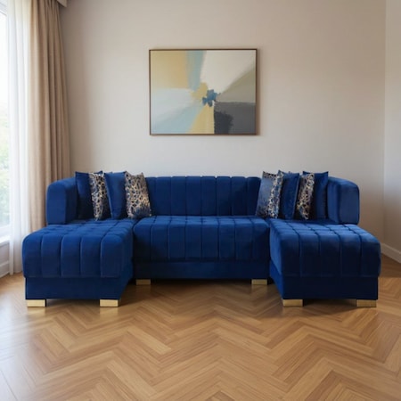 Homeroots Blue Velvet U Shaped Three Piece Sofa and Chaise Sectional With Toss Pillows 643886