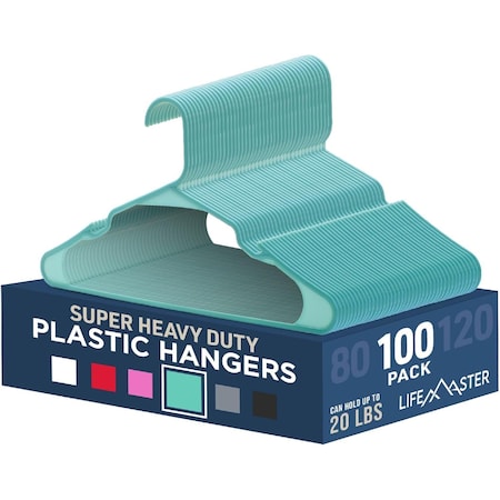 Lifemaster Heavy-Duty Plastic Hangers, Non-Slip, Space-Saving, Holds 5 lbs, Aqua, 100PK LMPLCAQA100