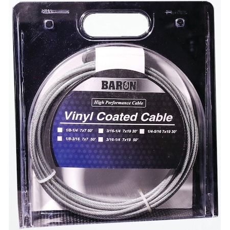 Baron 50201/50210 Aircraft Cable, 340 lb Working Load Limit, 50 ft L, 1/8 to 3/16 in Dia, Galvanized Steel 50201/50210