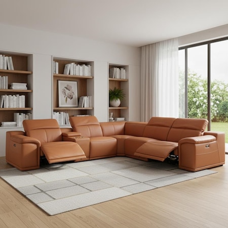 Homeroots Camel Italian Leather Power Reclining U Shaped Six Piece Corner Sectional With Console 366351