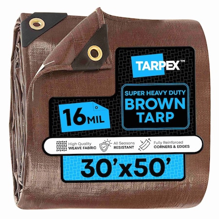 Tarpex Super Heavy Duty Tarp, 30 ft x 50 ft, 16 Mil, Brown, Polyethylene BHD-TA-3050