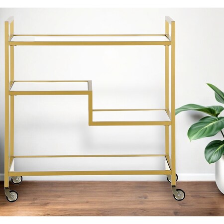Homeroots Brass Steel And Glass Rolling Bar Cart 530450