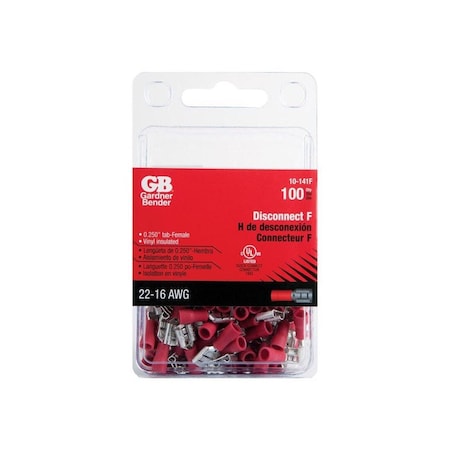 Gb Disconnect Terminal, 600 V, 22 to 16 AWG Wire, 1/4 in Stud, Vinyl Insulation, Red0, 100PK 10-141F