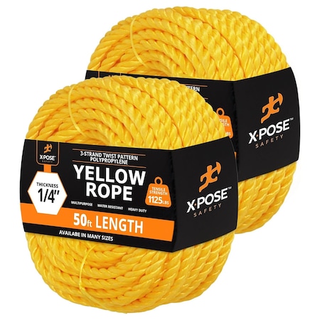 Xpose Safety Yellow Polypropylene Rope, 1/4 in x 50 ft, Floating, Oil & Moisture Resistant, 2PK YPR14-50-2-X-S