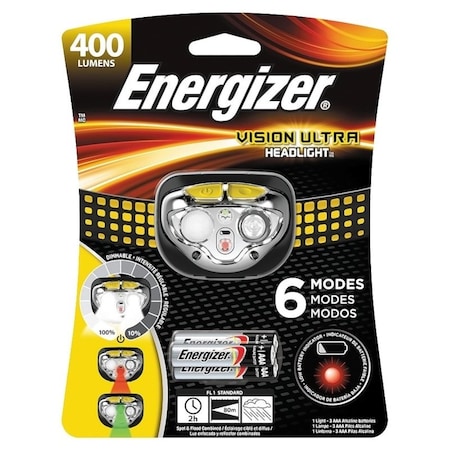 Energizer Headlight, AAA Battery, LED Lamp, 400 Lumens Lumens, 80 m Beam Distance, 2 hr Run Time, Gray HDE32E