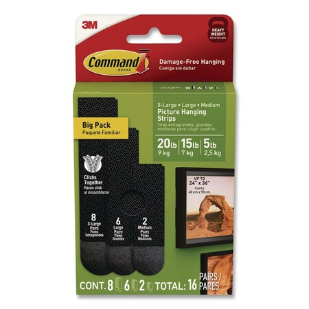 Command Damage-Free Hanging Picture Hanging Strip Pairs, (8) XL, (6) L, (2) Med, Black 17218BLK-16ES