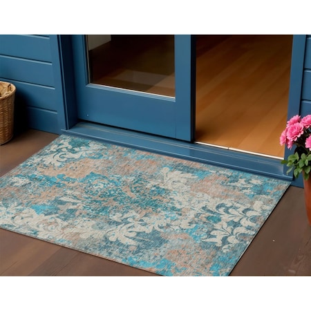Homeroots 3' X 5' Teal Blue Ivory And Light Brown Damask Washable Indoor Outdoor Area Rug 596393