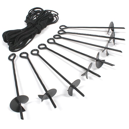 King Canopy 8-Piece Ground Anchor Kit, 15in Steel Powder Coated, Auger Style w/80 feet of Rope, Black A8200