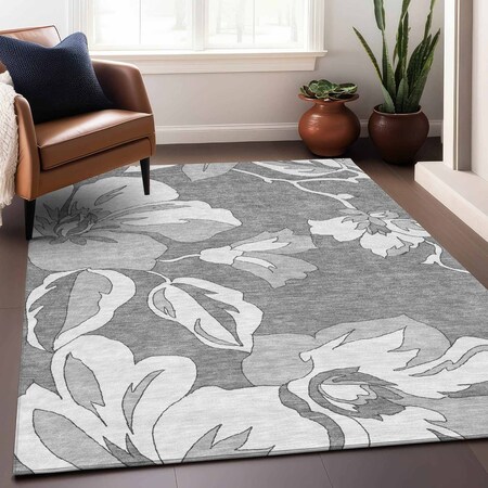 Homeroots 5' X 8' Gray And Silver Floral Washable Indoor Outdoor Area Rug 589537
