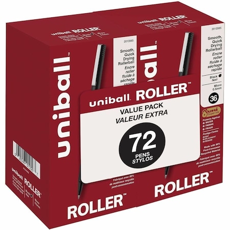 Uniball TM Roller Rollerball Pen, 0.5 mm Micro Pen Point, Black Ink, Liquid, Black Barrel, 72, 3PK 2013565