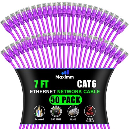 Maximm Cat6 Ethernet Cable 7ft 10Gbps 550MHz UTP, 50PK, Purple, 50PK CAT6CCA-7PU-50PK