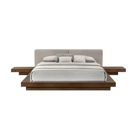 Homeroots Gray and Walnut Wood And Faux Leather Queen Bed Frame With Attached Nightstands 486239