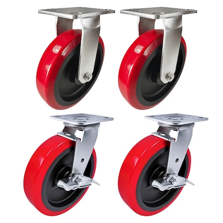 Hyw Products Heavy Duty Caster Set 8in Polyurethane on Plastic Wheels, 2 Rigid & 2 Swivel with Brake, 4PK 40-80R-A1-PU-2,40-80S-A1-PU-TB-2