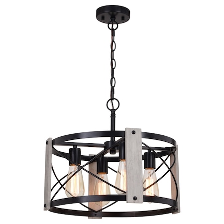 Vaxcel Burien 4L Black and Ash Farmhouse Drum Cage Pendant Light P0365