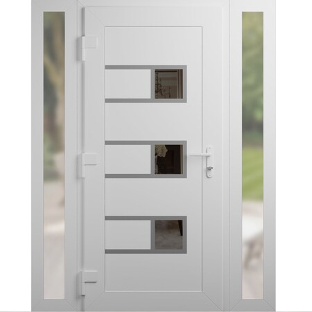 Vdomdoors Front Exterior Prehung Metal-Plastic Door, Manux 8933 White Silk, 2 Side Sidelite Transoms, Office MANUX8933EXD-WS-W16+32+16xH80-RH