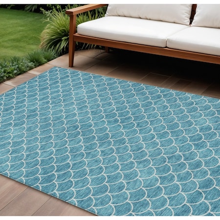 Homeroots 8' X 10' Teal Blue And Ivory Geometric Washable Indoor Outdoor Area Rug 596210