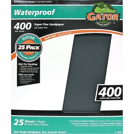 Ali Gator 4239 Sanding Sheet, 11 in L, 9 in W, Very Fine, 400 Grit, Silicon Carbide Abrasive, Paper Backing 3281